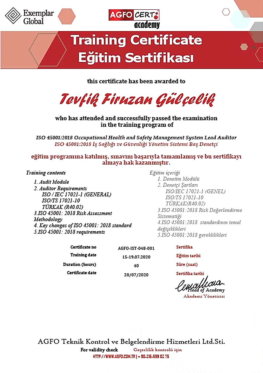ISO 45001 Baş Denetçi Sertifikası